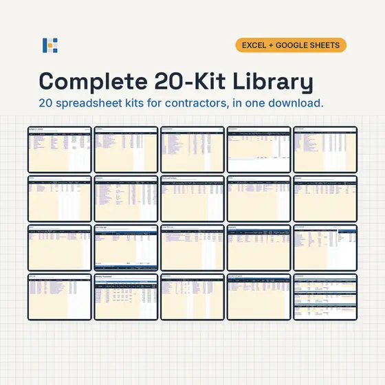 Grid of all 20 Kitgrid Studio contractor spreadsheet kits with Excel and Google Sheets badges.
