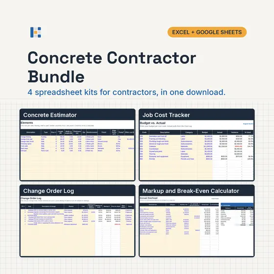 Four Kitgrid spreadsheet kits for concrete, flatwork and hardscape contractors shown as laptop screens: Concrete and Flatwork Estimator, Job Cost Tracker, Change Order Log and Markup calculator, with Excel and Google Sheets badges.