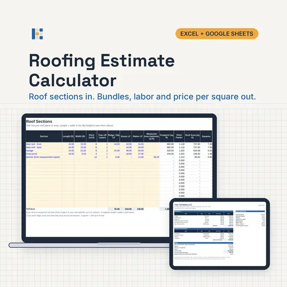 Laptop showing the Kitgrid Roofing Estimate sheet with squares, bundles, labor, total price and price per square, with Excel and Google Sheets badges.