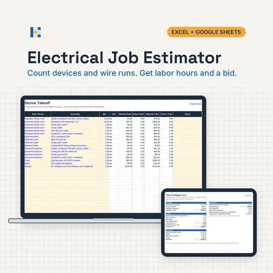 Laptop showing the Kitgrid Electrical Job Estimator Bid Summary with material, labor hours, bid price and price per device, with Excel and Google Sheets badges.
