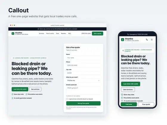 Callout template on a desktop browser and a phone: a sample plumbing and drain company page with a free quote form and call and quote buttons.