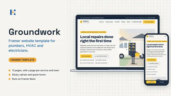 Groundwork template shown on a laptop and a phone: a sample plumbing, heating and electrical company home page with a Get a Free Quote button and a call bar.