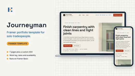 Journeyman template shown on a laptop and a phone: a sample finish carpenter home page with a booking label and a Request a quote button.