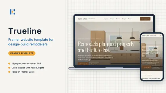 Trueline template shown on a laptop and a phone: a sample design-build remodeler home page with a serif headline over a finished kitchen photo.